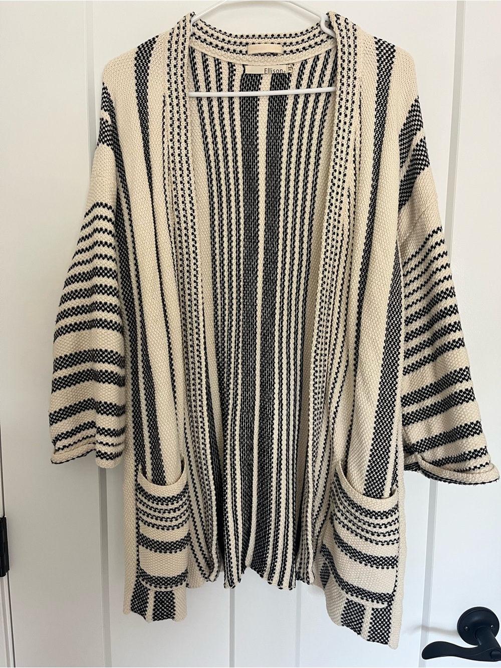 Ellison Black & Cream Striped Open Cardigan with Pockets Boho (M)